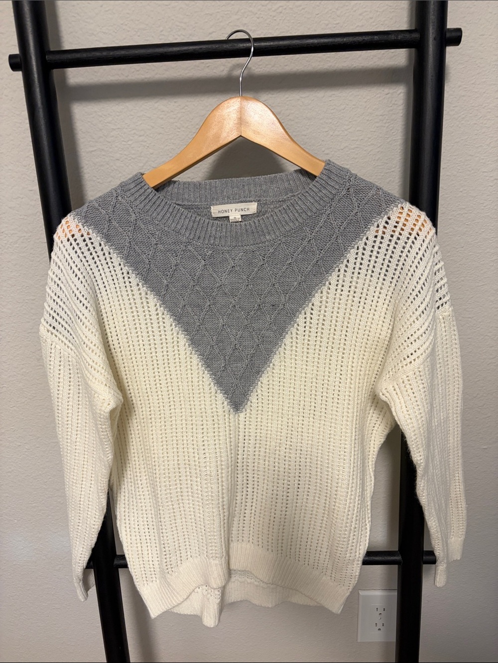 Honey Punch Cream Sweater with Gray V-Yoke Knit